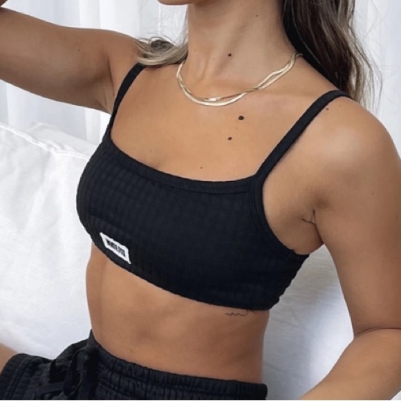 White Fox Black Keep It Going Crop Top Quilted Waffle Knit Thermal Logo Bralette - Picture 1 of 10